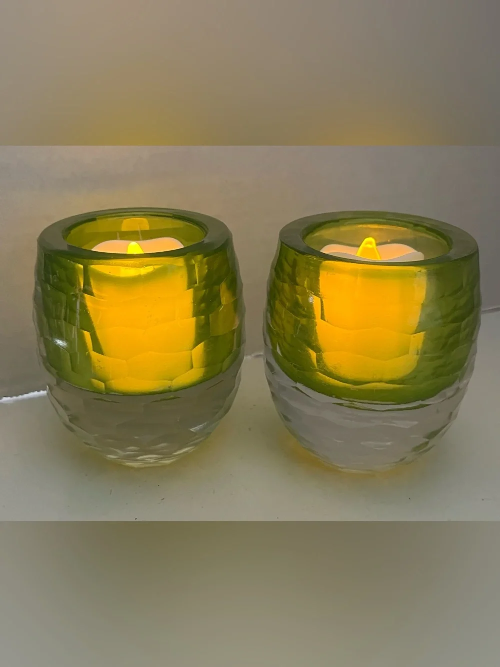 Vintage Faceted Green & clear heavy  Glass Votive Holder Set -